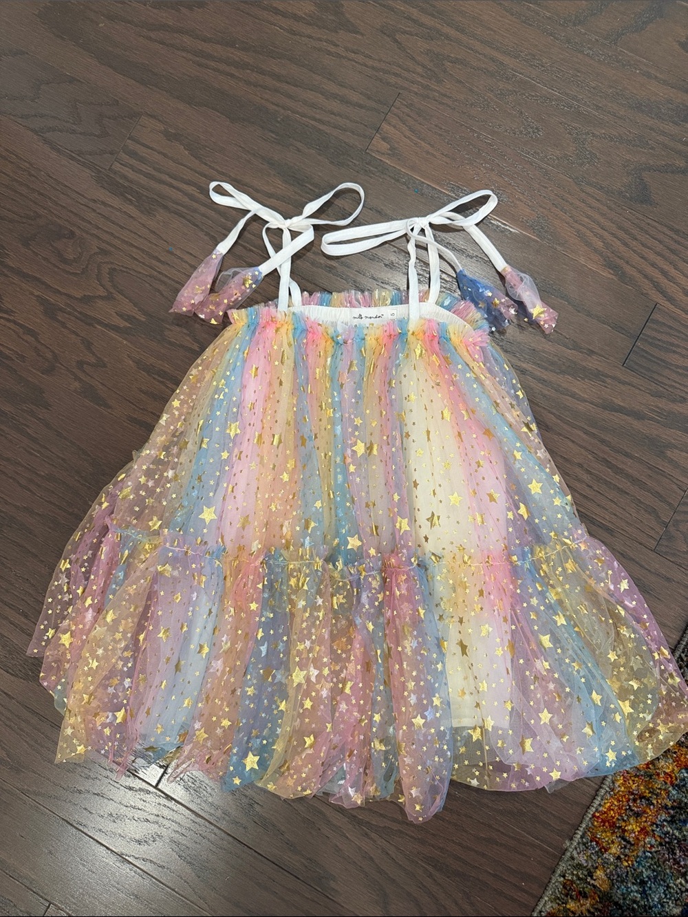Pastel Rainbow Tulle Star Print Dress with Tie Straps